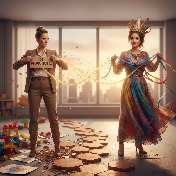 Een symbolische illustratie van twee zussen die gevangen zitten in familierollen, met etiketten die transformeren naar een nieuwe verbinding.