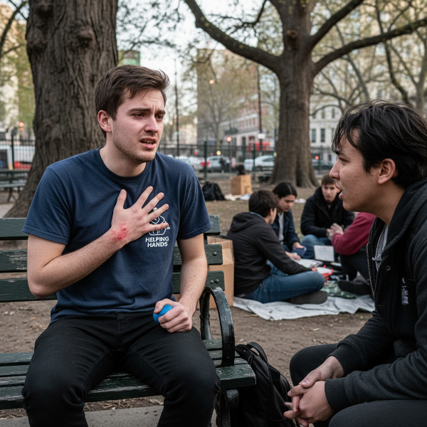 Een empathische vrijwilliger ervaart lichamelijke spanning tijdens een gesprek met een jongere, terwijl hij zichzelf probeert te gronden.