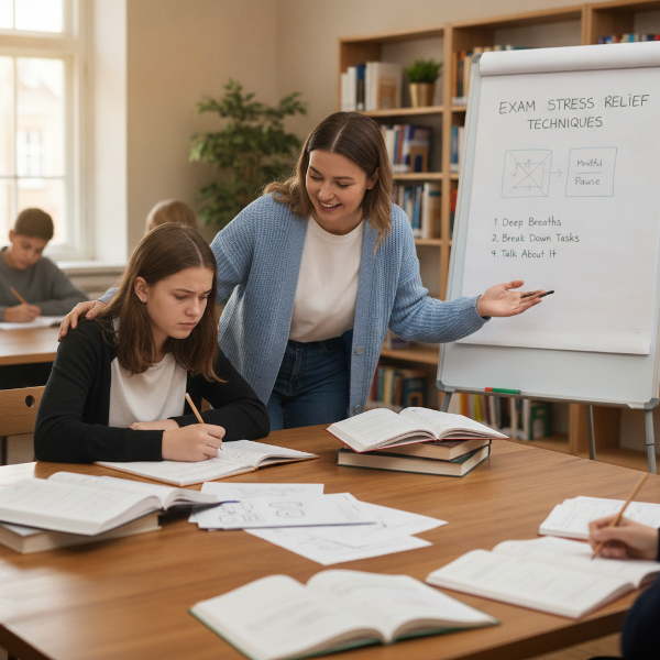 Een illustratie van een zorgzame volwassen vrijwilliger die naast een tiener zit, beiden aan een tafel met studieboeken, terwijl de tiener ontspannen ademhaalt en de vrijwilliger een kalmerend gebaar maakt.