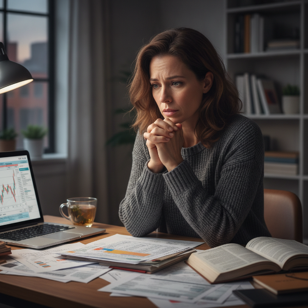 Een vrouw ervaart fysieke stress en boosheid bij het bekijken van haar maandelijkse financiën, terwijl ze probeert te kalmeren met ademhalingsoefeningen.