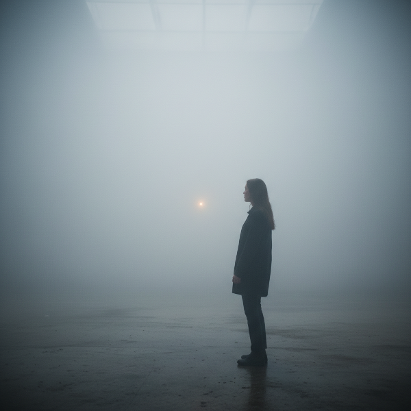 Een vrouw zit in een mistige, grijze ruimte. Ze kijkt naar een klein, zacht lichtpuntje dat door het raam valt, wat de eerste stap uit de mentale inertie symboliseert.