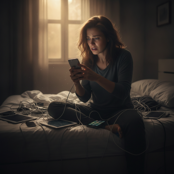 Een vrouw in een donkere kamer overweldigd door smartphones, met een sprankje hoop bij het raam.