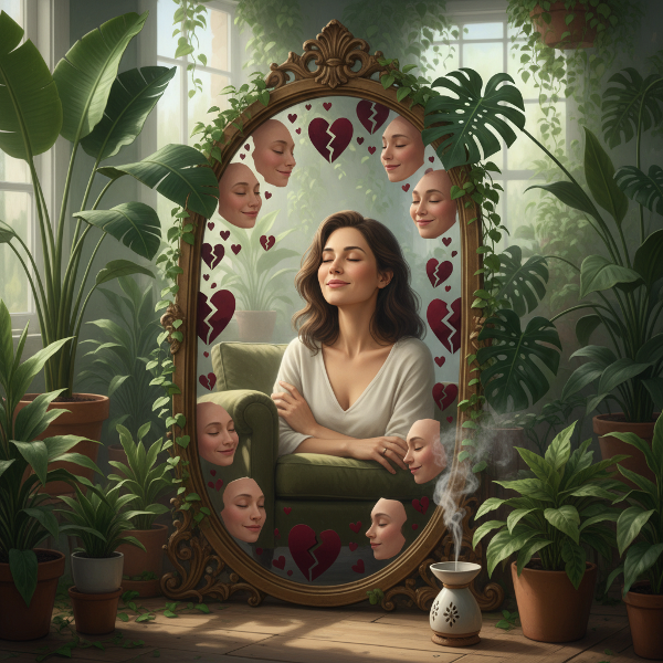 Een vrouw ziet haar eigen reflectie tussen flarden van intense, maar kortstondige romantiek, symboliserend de zoektocht naar innerlijke stabiliteit en het doorbreken van liefdesverslavingspatronen.