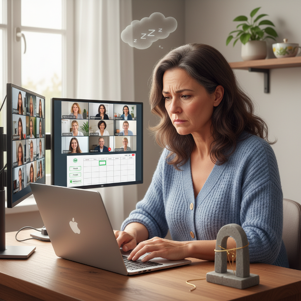 Een thuiswerkende vrouw middenin digitale vergaderingen, die haar dag structureert met geplande pauzes en een wandeling, omringd door symbolen van slaap en persoonlijke grenzen.
