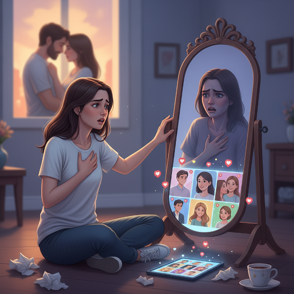 Een illustratie van een jonge vrouw die gevangen zit tussen een hart dat verlangt naar verbinding en een lichaam dat verstijft van angst, met symbolen van sociale vergelijking en zelfkritiek.