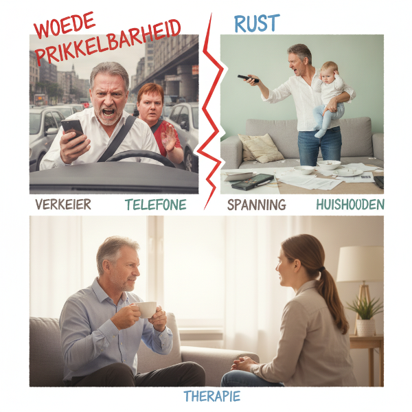 Illustratie van een oudere man die woede ervaart in het verkeer, met lichamelijke spanning, en die later rust vindt via therapie en dagelijkse routines.