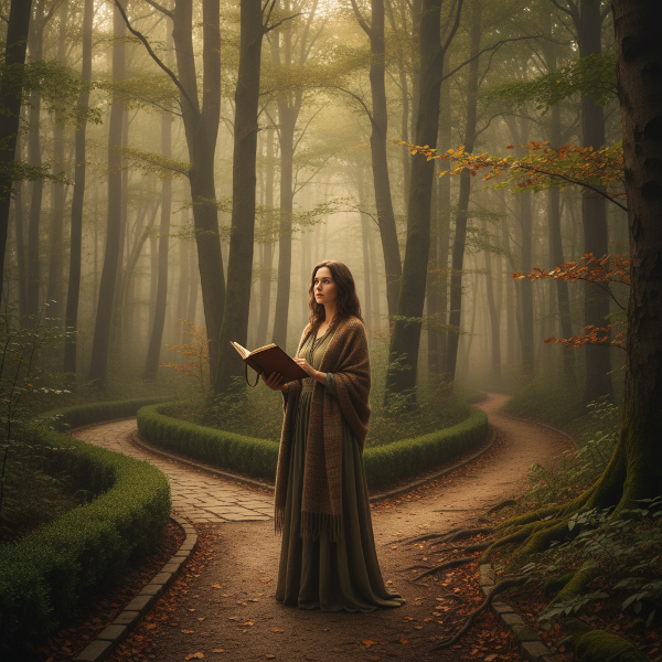 Een vrouw staat bij een kruispunt in een mistig bos, kijkend naar twee paden die verschillende levensrichtingen symboliseren, terwijl ze reflecteert in een dagboek.