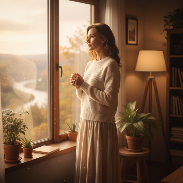 Een vrouw in een rustige, intieme setting die nadenkt over veranderende behoeften en verbinding in een relatie, omringd door een sfeer van zelfonderzoek en zachtheid.