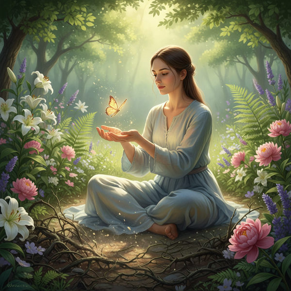 Een jonge vrouw in een rustige tuin laat voorzichtig een gloeiende vlinder uit haar handen los, wat symbool staat voor het loslaten van een toxisch verleden en het omarmen van zelfzorg en vernieuwing.