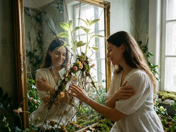 Een vrouw kijkt naar haar reflectie in een gebroken spiegel, waaruit geld en een groeiende plant komen, wat symbool staat voor de integratie van lichaamsbeeld en financiële blokkades op weg naar zelfacceptatie.