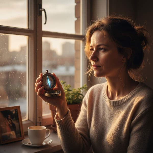 Een vrouw die uit het raam staart, gevangen in routine, met een innerlijk kompas en licht dat hoop en zelfontdekking symboliseert.