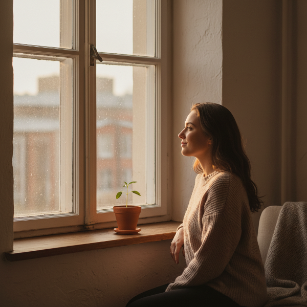 Een rustige illustratie van het doorbreken van apathie met een klein, neutraal ritueel, zoals naar buiten kijken of voor een plant zorgen.