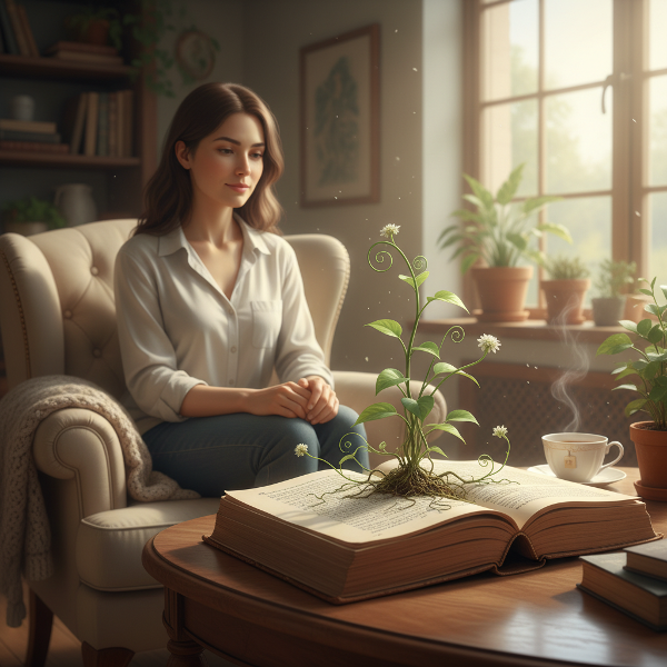 Een illustratie van een vrouw die in een rustige ruimte een plant ziet ontspruiten uit een open boek, wat staat voor de groei van betekenisvolle verbindingen vanuit introspectie.