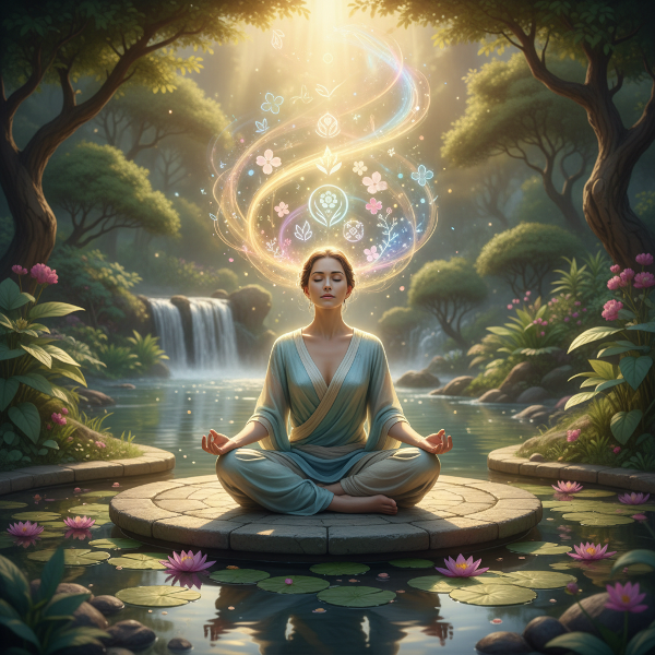 Een rustige vrouw oefent ademhaling in een kalme setting, omringd door symbolen van positieve gedachten en kleine, beheersbare veranderingen.