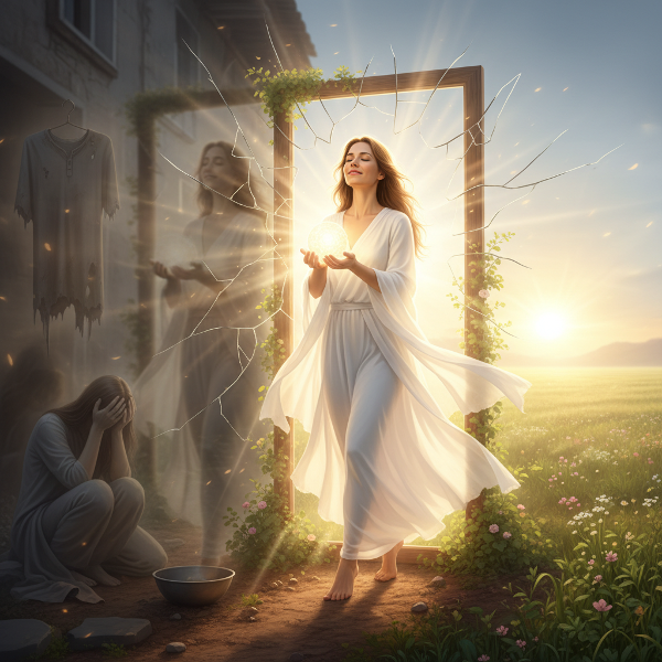 Een symbolische afbeelding van een vrouw die haar verleden van financiële stress en ontkenning achter zich laat en haar authentieke, waardevolle zelf omarmt.