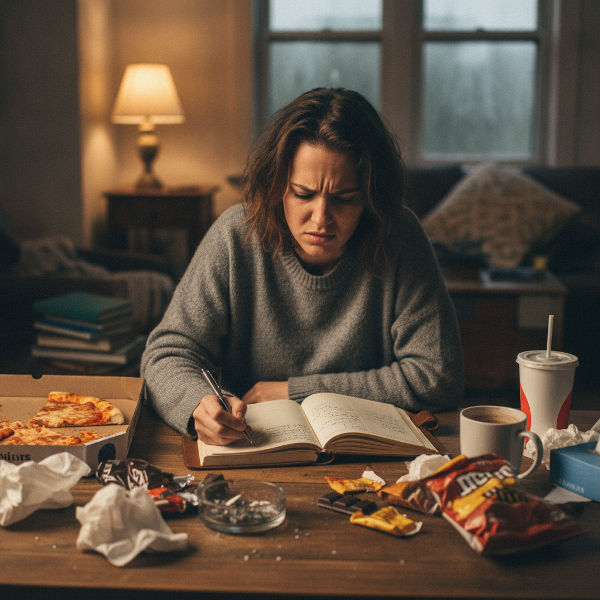Een vrouw worstelt met emotie-eten, schrijft in een dagboek om bewustwording te creëren.