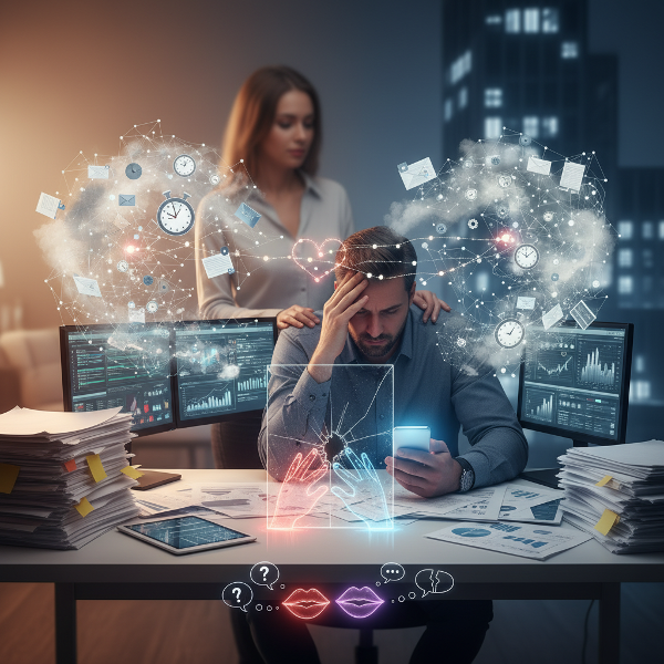 Een illustratie van een man die gevangen zit tussen zijn werk (laptop, klok) en zijn partner, met symbolen van emotionele afstand en verlangen naar verbinding.