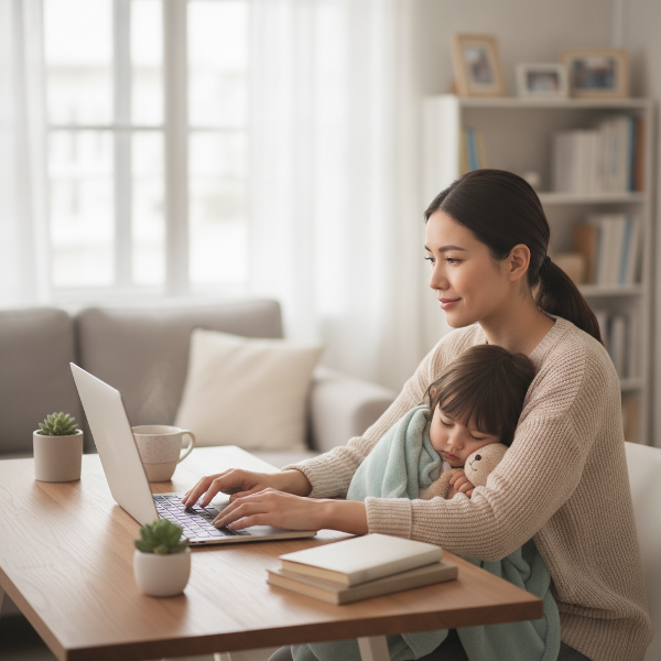 Een nuchtere, empathische vrouw zit aan een bureau met een laptop, terwijl ze bewust grenzen stelt tussen werk en privé; naast haar staat een kop thee en een fotolijstje van haar gezin, en op de achtergrond is een kalme, georganiseerde thuiswerkplek te zien.