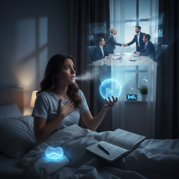 Illustratie van een ondernemer die nachtelijke angst en herbeleving na een belangrijke zakelijke ontmoeting overwint met praktische psychologische technieken.