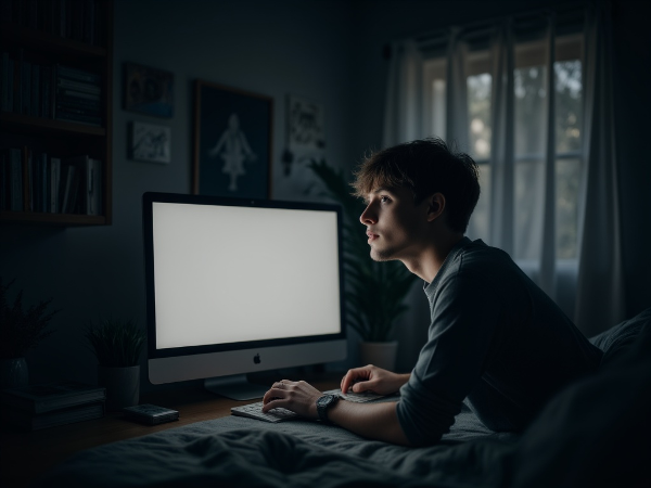 Een sombere illustratie van een jonge man die overweldigd wordt door depressie, met een subtiel element van mogelijke verandering.