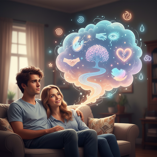 Een illustratie van een jongeman die worstelt met intense dromen terwijl hij zich emotioneel verbonden voelt met zijn partner, met visuele symbolen van onbewuste verwerking.