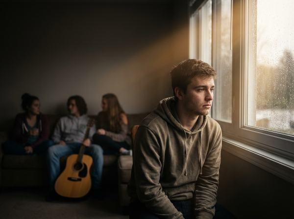 Een jonge man ervaart een gevoel van leegte en zwaarte, terwijl herinneringen aan plezierige activiteiten vervagen en een klein licht van hoop zichtbaar is.