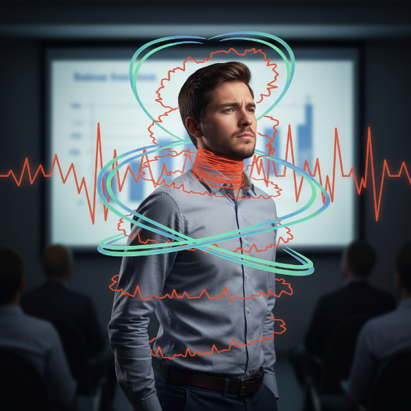 Illustratie van psychosomatische spanning bij prestatiestress, met fysieke pijn en mentale druk die transformeren naar kalmerende ademhaling.