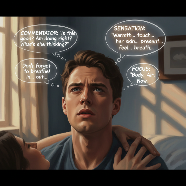 Illustratie van een jongeman die tijdens seksuele intimiteit overweldigd wordt door piekergedachten, terwijl hij probeert terug te keren naar het gevoel in zijn lichaam.