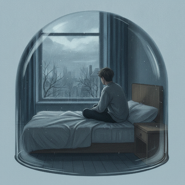 Een jonge man zit somber op zijn bed en kijkt naar een zonnige buitenwereld door een raam, maar lijkt gevangen in een glazen stolp, wat het gevoel van isolement en apathie weergeeft.