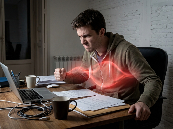 Een illustratie van een jonge man die worstelt met innerlijke frustratie, met een golf van rode woede die opwelt, terwijl hij zich probeert te beheersen bij een rommelig bureau.