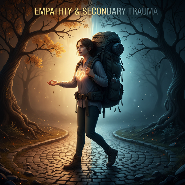 Een illustratie van een jonge vrijwilliger die de emotionele last van andermans verhalen draagt, terwijl ze zoekt naar balans tussen zorg en zelfbehoud.