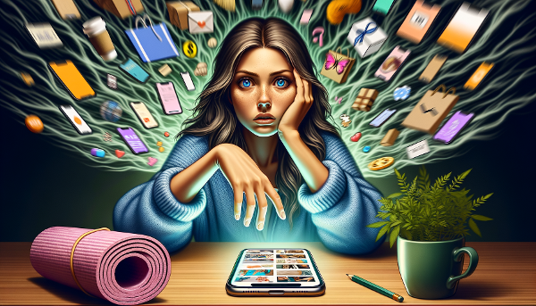 Een illustratie van een jonge vrouw die overweldigd is door stress en digitale afleiding, terwijl de cyclus wordt doorbroken door gezondere, bewuste alternatieven.