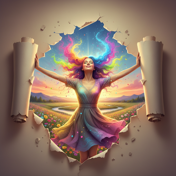 Een illustratie van een persoon die zich bevrijdt van een beperkende rol en haar innerlijke kleur en eigenheid laat zien.