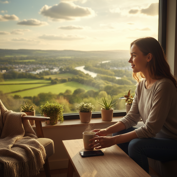 Illustratie van een persoon die bewust afstand neemt van haar telefoon, met een focus op innerlijke rust en het doorbreken van automatisch gedrag.