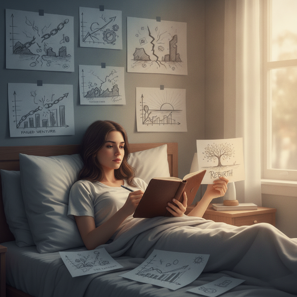 Een 19-jarige vrouw zit in bed met een dagboek, omringd door tekeningen van een failliet bedrijf, terwijl een warme gloed haar gezicht verlicht, symbool voor haar innerlijke kracht en herstel van perfectionisme en burn-out.