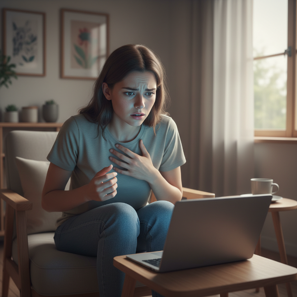 Een illustratie van Luna die thuis een paniekaanval ervaart, gevangen in een cyclus van angst terwijl ze naar een scherm kijkt.