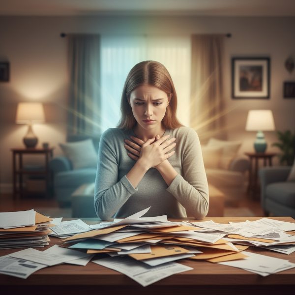 Illustratie van financiële stress die zich uit als lichamelijke spanning, met een focus op zelfzorg en lichaamsbewustzijn.