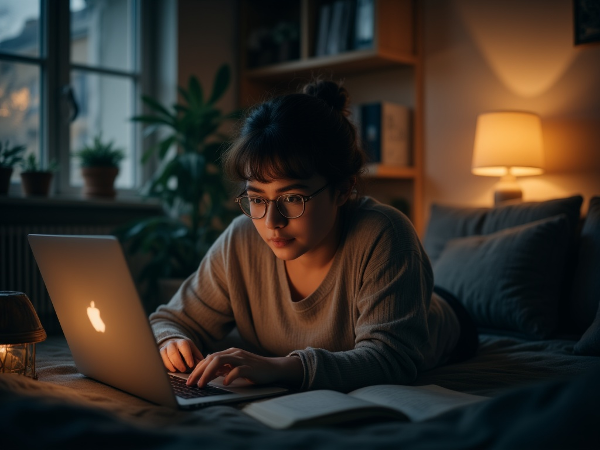 Een jonge vrouw voelt zich eenzaam terwijl ze thuis werkt, met haar partner op afstand in dezelfde ruimte, en kijkt naar buiten.