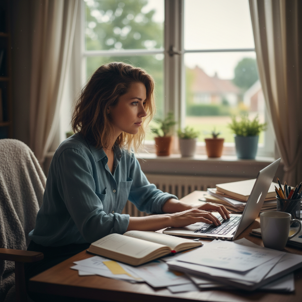 Een jonge vrouw die thuiswerkt en zich overweldigd voelt door lethargie en opstapelende taken, maar met een blik die ook hoop en verlangen naar verandering uitstraalt.