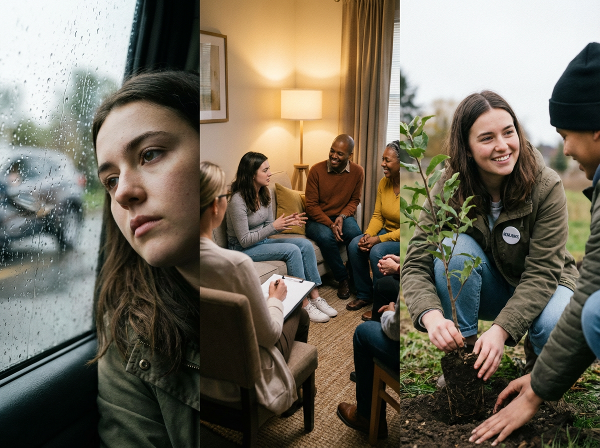 Een illustratie van een jonge vrouw die veerkracht vindt na een traumatisch auto-ongeluk, met symbolen van therapie en steun.