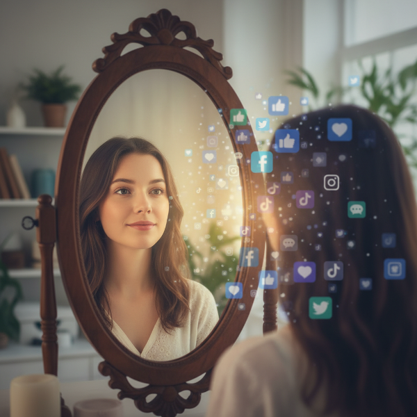 Een illustratie van een jonge vrouw die worstelt met haar spiegelbeeld, terwijl de invloed van sociale media vervaagt en een gevoel van hoop verschijnt.