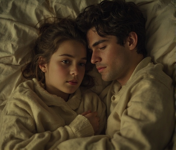 Een jonge vrouw in bed met haar vriend, haar aandacht dwaalt af naar dagelijkse zorgen, terwijl ze dicht bij elkaar liggen in een warme, veilige sfeer.