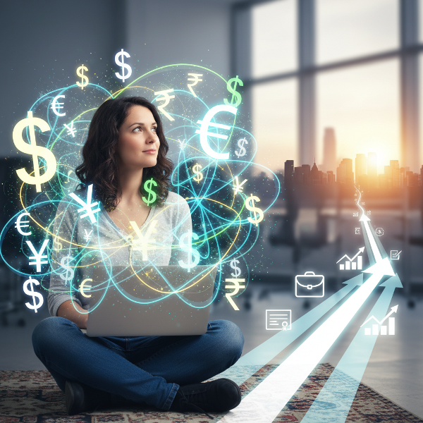 Illustratie van een persoon die worstelt met financiële schuldgevoelens maar een weg ziet naar persoonlijke ontwikkeling en investering in carrière.