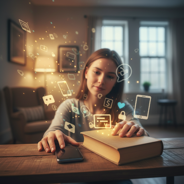 Illustratie van een persoon die bewust kiest voor offline activiteiten om smartphoneverslaving te overwinnen en focus te verbeteren.