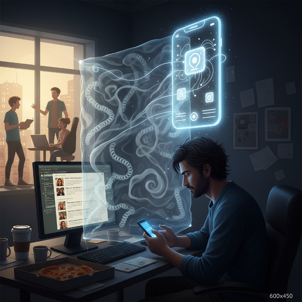 En mann fanget mellom sin drøm og selvsabotasje, med en uåpnet kursinnboks og en vegg av frykt som skiller ham fra en lysende app-ide.