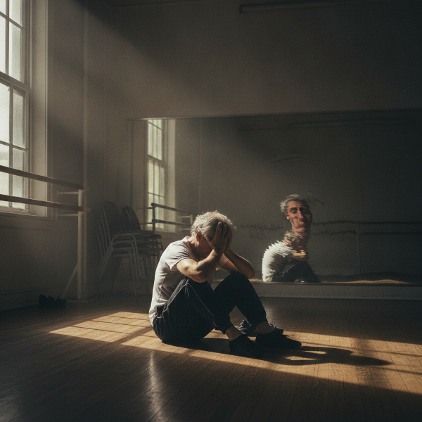 Eldre danser i sorg og refleksjon i et tomt studio med forvrengt speilbilde.