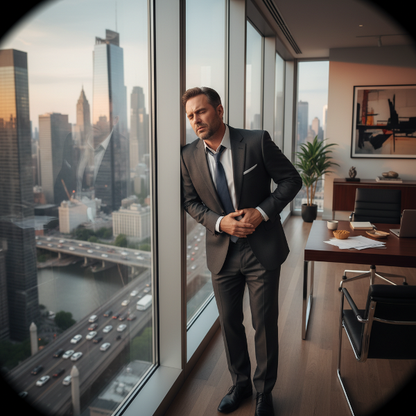 En mann opplever kvalme og svimmelhet i et kontor med store vinduer i høy etasje, mens byen pulserer utenfor.