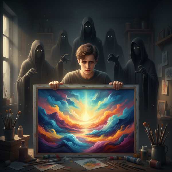 En ung kunstner i atelieret med et fargerikt maleri, omgitt av truende skygger som symboliserer frykt for å bli dømt, mens kunsten selv stråler av indre styrke.