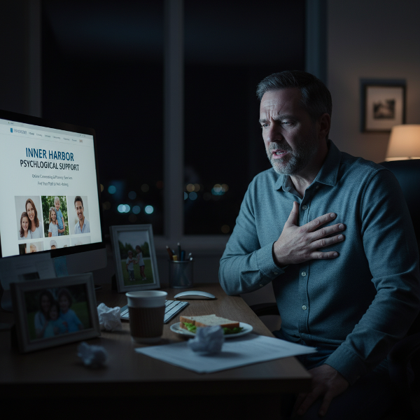 En mann i hjemmekontoret om natten, bekymret og med fysiske angstsymptomer, foran en skjerm som viser et nettsted for psykologisk rådgivning.