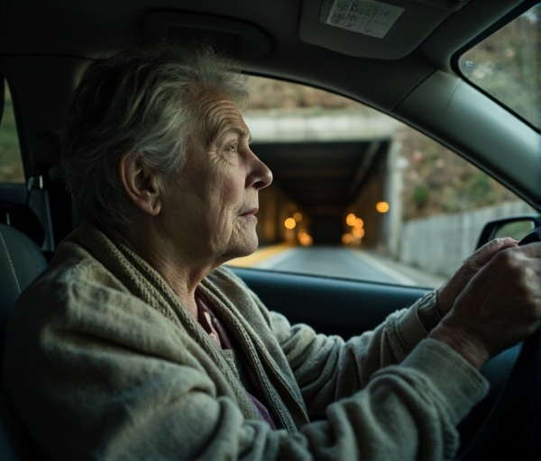 En kvinne med angst utenfor en tunnel, støttet av en venn i bilen, illustrerer gradvis eksponering og mestring.
